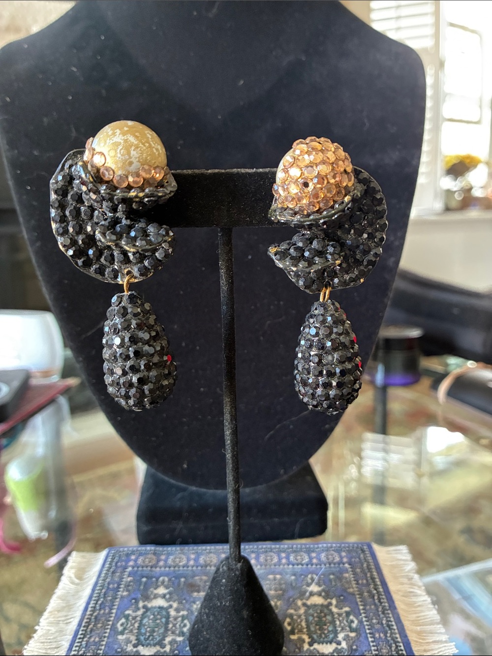 Vintage-Inspired Black and Gold Crystal Drop Earrings